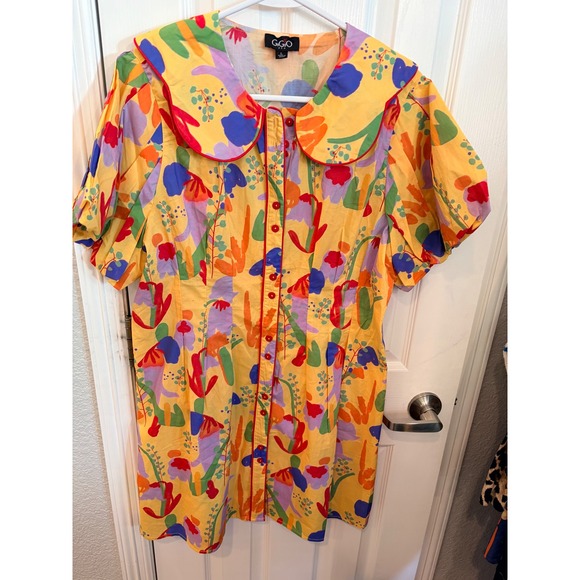 Gigio Dresses & Skirts - GIGIO Mini Dress Yellow Floral Peter Pan Collar Puff Sleeve Artsy